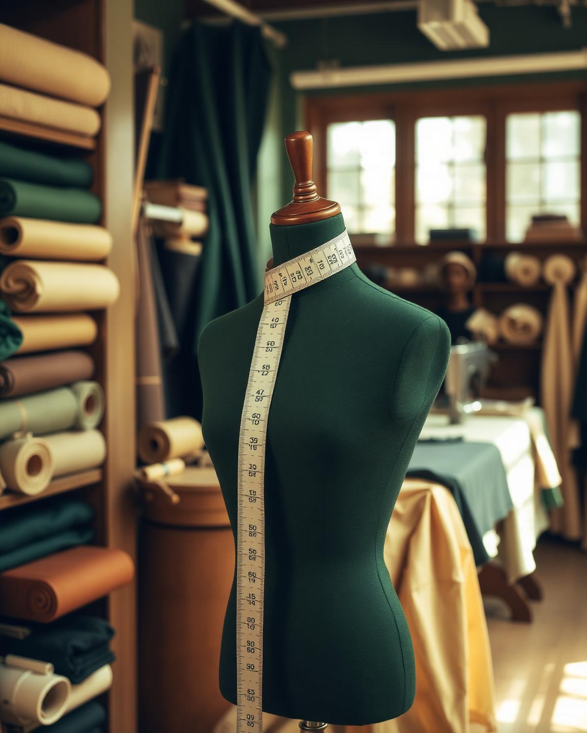 Tailor shop interior with fabric rolls and dress form