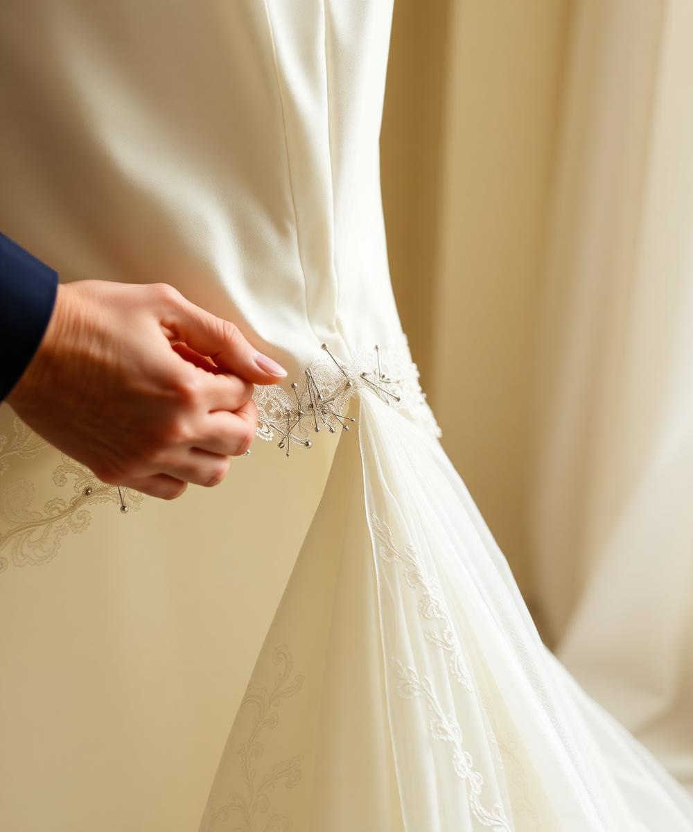Wedding dress alterations being pinned